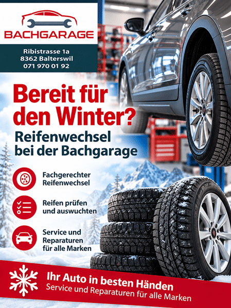 Bereit für den Winter? Die kalte Jahreszeit kommt – auch wenn Sie es noch nicht glauben! Bei der Bachgarage in Balterswil ist Ihr Fahrzeug in besten Händen. Wir wechseln Ihre Winterreifen fachgerecht, prüfen den Zustand der Reifen und sorgen für eine sichere Fahrt durch die kalte Jahreszeit. ✅ Fachgerechter Reifenwechsel ✅ Reifen prüfen und auswuchten ✅ Service und Reparaturen für alle Marken ✅ Persönliche und kompetente Beratung   &#55357&#56525 Bachgarage, Ribistrasse 1a, 8362 Balterswil &#55357&#56542 071 970 01 92 &#55356&#57101 www.bachgarage-auto.ch