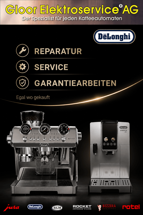 Werbung der Gloor Elektroservice AG in Aadorf (Morgentalstrasse 42, CH-8355 Aadorf) für Reparatur, Service und Verkauf von Kaffeemaschinen. Abgebildet sind eine De'Longhi La Specialista Siebträgermaschine und ein De'Longhi Dinamica Plus Kaffeevollautomat. Die Gloor Elektroservice AG ist spezialisiert auf die Reparatur von Kaffeevollautomaten und Siebträgermaschinen aller führenden Marken – egal wo gekauft. Professioneller Service, Wartung, Garantiearbeiten sowie Verkauf von Kaffeemaschinen. Reparaturen aus der ganzen Schweiz.