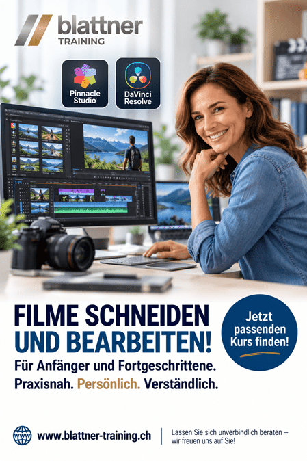 Werbebild von Blattner Training für Film- und Videobearbeitung: Eine Frau arbeitet an einem Computer mit professioneller Videoschnitt-Software, im Hintergrund sind eine Videobearbeitungs-Timeline und Landschaftsaufnahmen zu sehen. Beworben werden Kurse für Anfänger und Fortgeschrittene mit Pinnacle Studio und DaVinci Resolve.