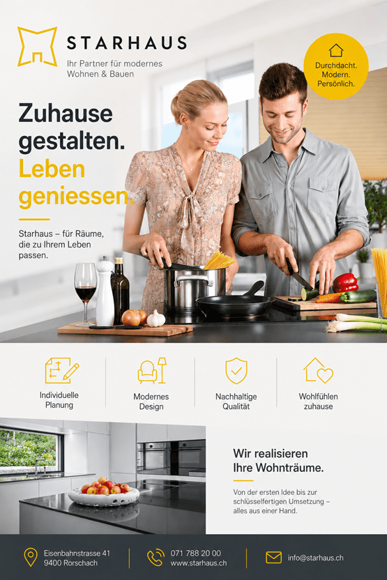 Zuhause gestalten. Leben geniessen. Ein Zuhause soll mehr sein als vier Wände – es soll zu Ihrem Leben passen. STARHAUS baut Häuser und begleitet Sie von der ersten Idee bis zur individuellen Umsetzung. Dabei entstehen Räume, in denen modernes Design, Qualität und persönliches Wohlfühlen zusammenkommen. ✨ Individuelle Planung ✨ Modernes Design ✨ Nachhaltige Qualität ✨ Wohlfühlen zuhause Wir realisieren Ihre Wohnträume. Lassen Sie uns gemeinsam Ihr Zuhause gestalten! Eisenbahnstrasse 41, 9400 Rorschach