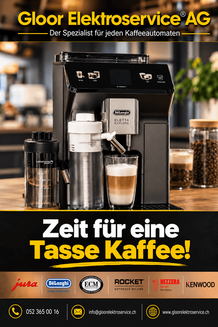 REPARATUR, SERVICE & VERKAUF – ALLES AUS EINER HAND Ob Vollautomat oder Siebträger: Wir halten Ihre Kaffeemaschine fit – oder finden das perfekte Neugerät für Sie. - Reparatur & Wartung für alle gängigen Marken - JURA Fachhändler – Expertenberatung & Neugeräte - De'Longhi Garantie-Service – unabhängig vom Kaufort Kaufbeleg/Garantieschein beilegen oder während der    Öffnungszeiten abgeben. Jetzt Termin oder Beratung anfragen: Gloor Elektroservice AG, Morgentalstrasse 42, 8355 Aadorf &#55357&#56542  052 365 00 16 &#55356&#57101  www.gloorelektroservice.ch